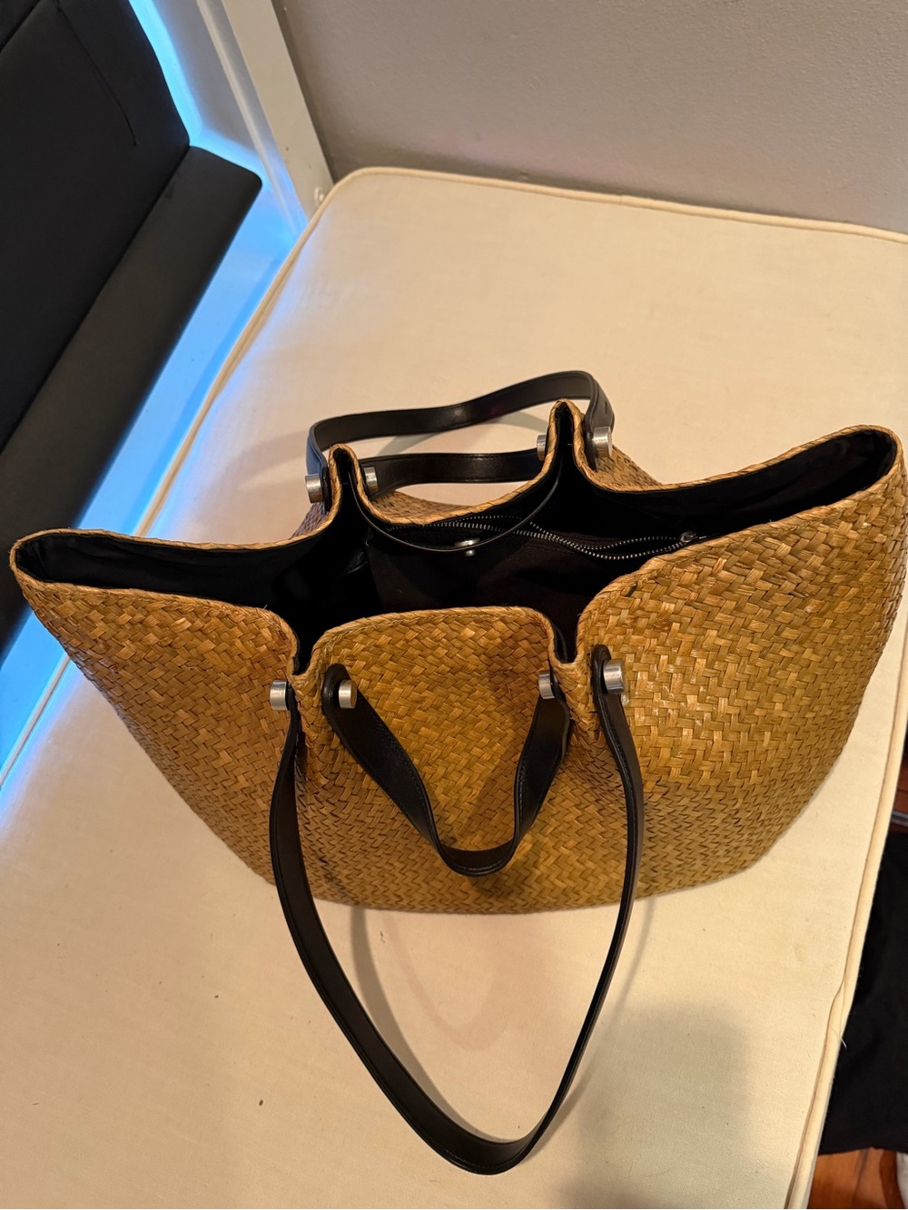 AllSaints Woven Straw Tote in Natural Tan with Black Handles - Picture 2 of 6